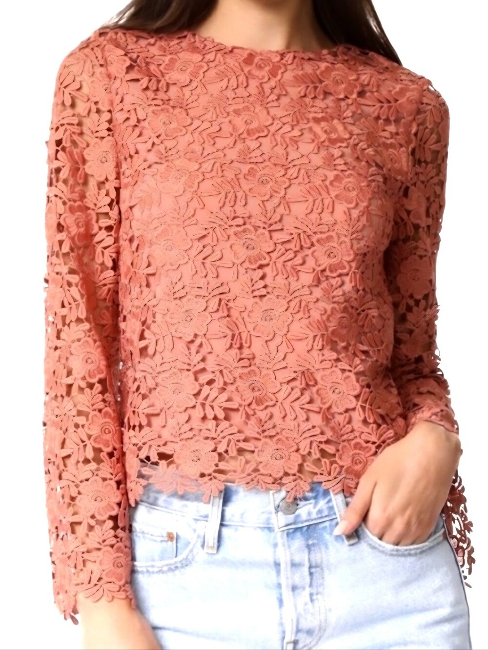 ALICE + OLIVIA 🏷️NWT 'Pasha' Peach Rose Lace Embroidered Bell Sleeve Blouse SM